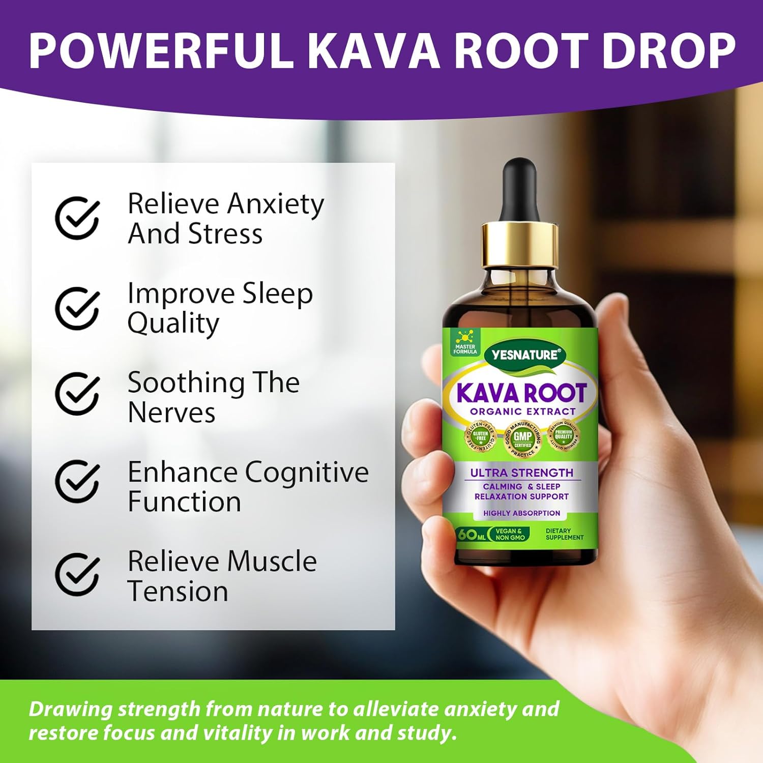 High Purity Kava Root Extract Drops for Calm and Sleep - 2FL OZ Vegan Non GMO