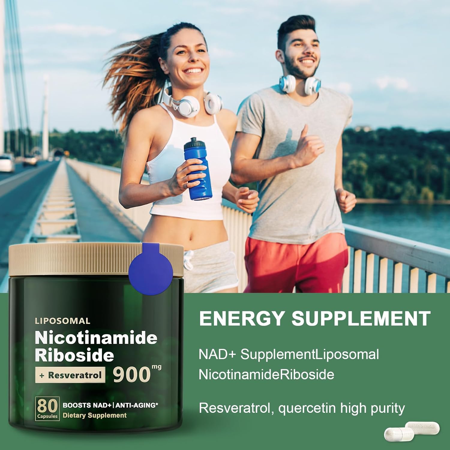 High Purity Liposomal NAD+ Supplement with Nicotinamide Riboside, Resveratrol, and Quercetin for Energy and Focus - 80 Capsules