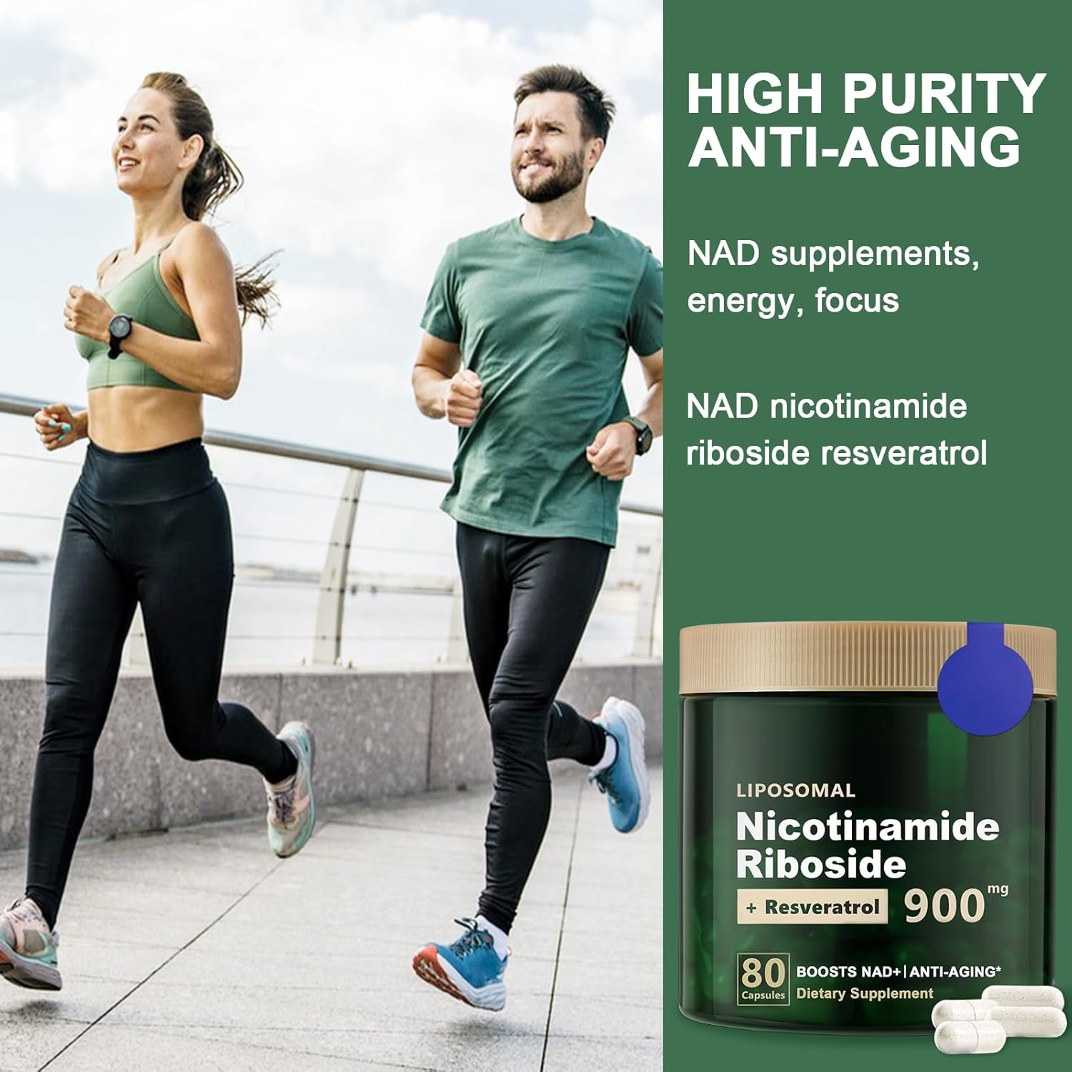 High Purity Liposomal NAD+ Supplement with Nicotinamide Riboside, Resveratrol, and Quercetin for Energy and Focus - 80 Capsules