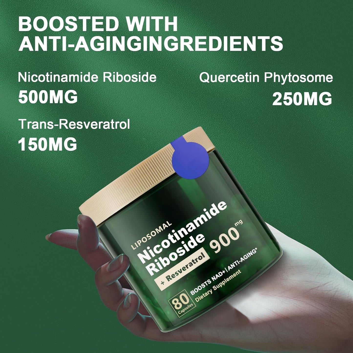 High Purity Liposomal NAD+ Supplement with Nicotinamide Riboside, Resveratrol, and Quercetin for Energy and Focus - 80 Capsules