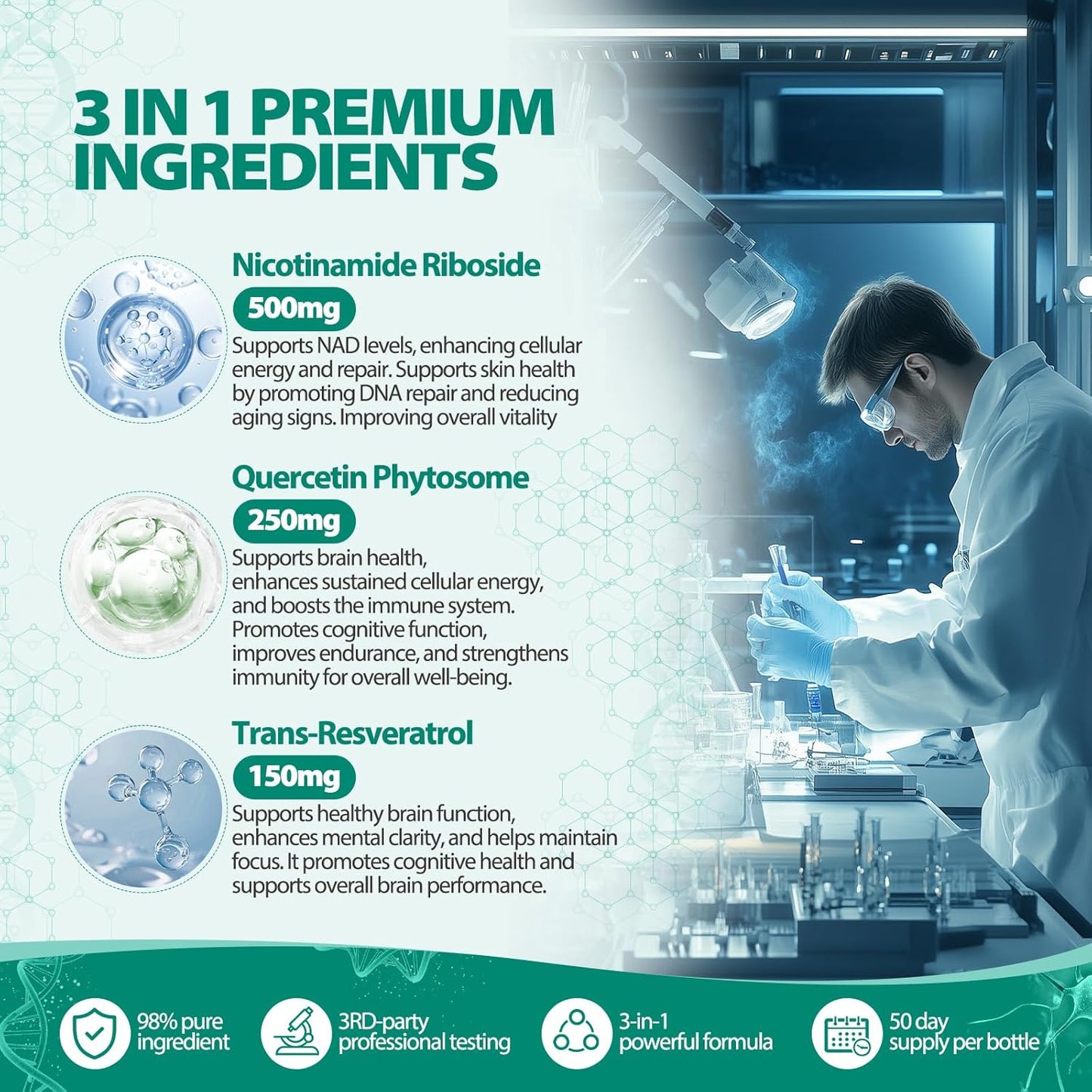 High Purity Liposomal Nicotinamide Riboside 900mg with Quercetin Phytosome & Trans-Resveratrol - NAD+ Supplement for Anti-Aging, Energy, Focus