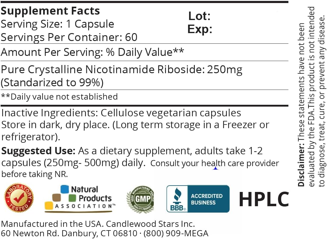 High Purity Mega Resveratrol Nicotinamide Riboside (NR) Capsules - 60 Count, 250mg per Capsule, Vegan and Non-GMO-Friendly