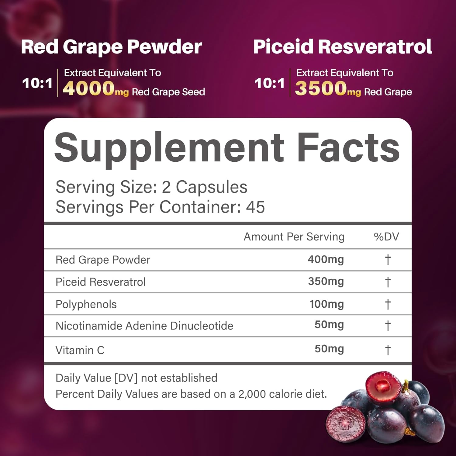 High Purity Resveratrol & NAD+ Cell Regenerator Supplement for Heart Health & Metabolism, Red Grape Powder, 45 Day Supply
