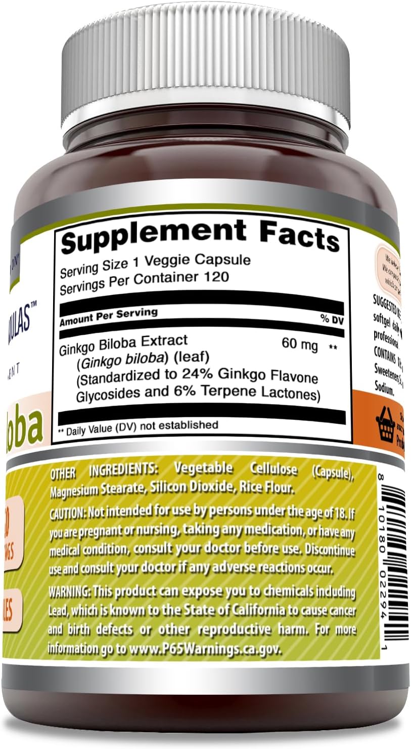 High-Quality 120mg Ginkgo Biloba Supplement - 120 Capsules | Standardized to 24% Ginkgo Flavone Glycosides | Non-GMO & Gluten Free | USA Made