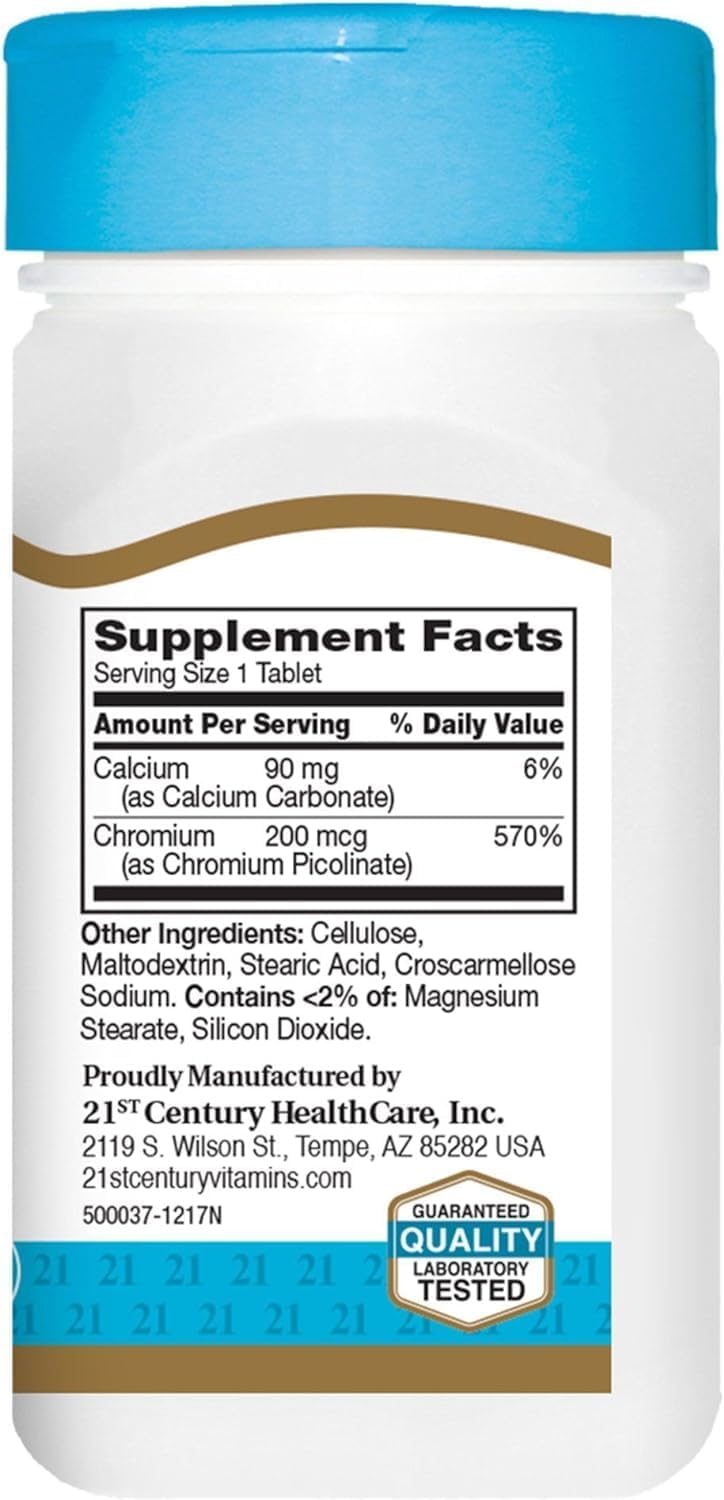 High-Quality 21st Century Chromium Picolinate Supplement - 200 mcg, 100 Tablets