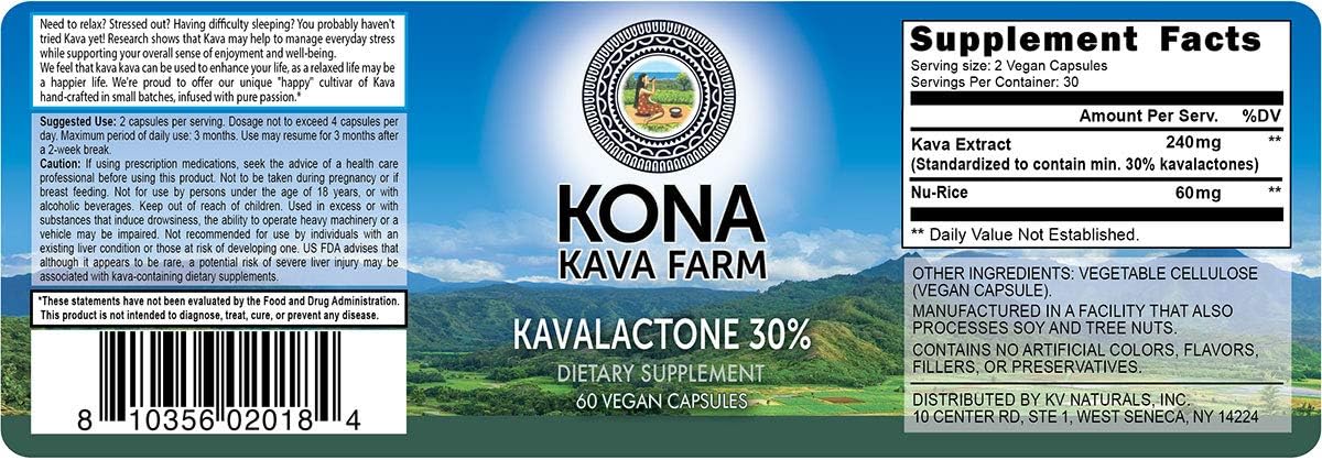 High-Quality 30% Kavalactone Kava Extract Capsules from Kona Kava Farm - 60 Capsules