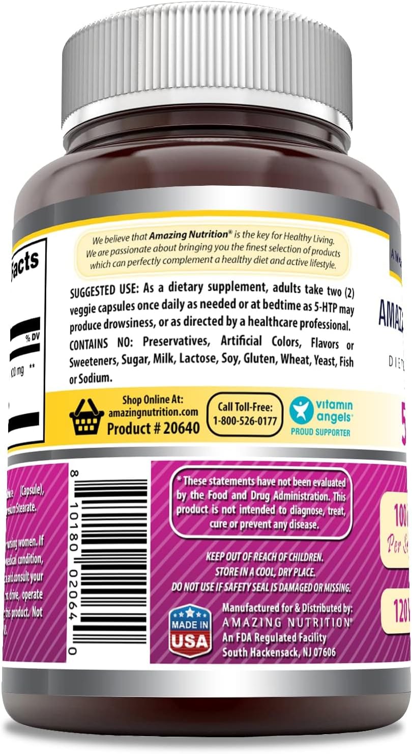 High-Quality 5-HTP (Hydroxytryptophan) Supplement 100mg | Veggie Capsules | Non-GMO & Gluten Free | Made in USA | 2 Pack, 120 Count