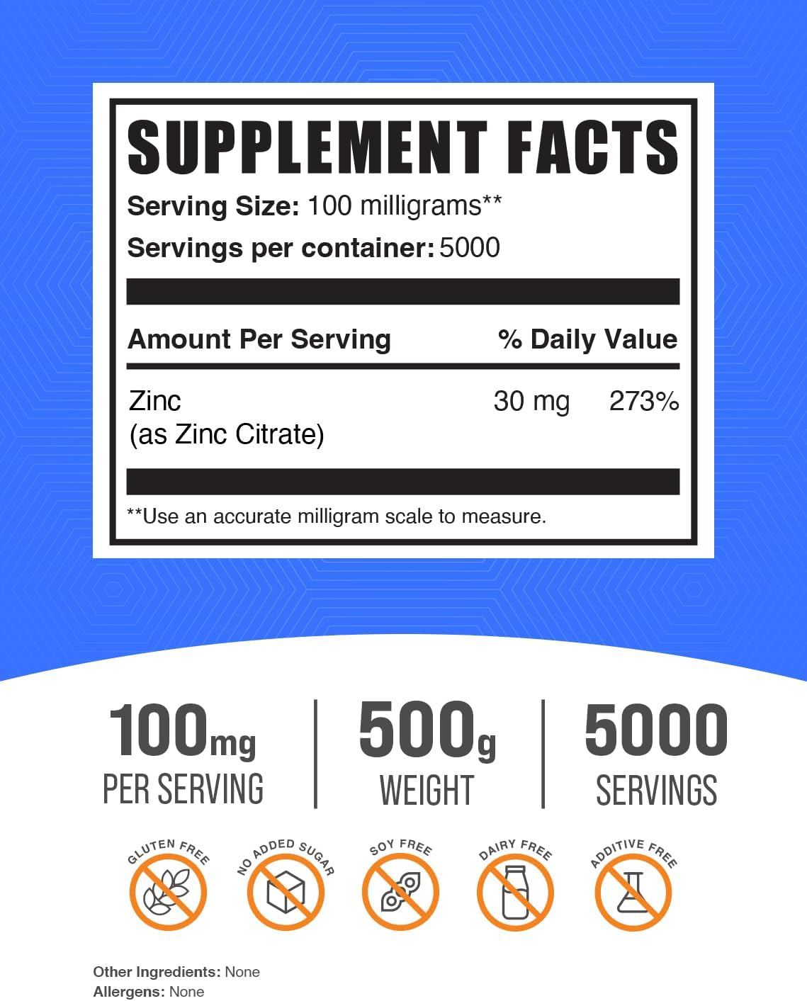 High-Quality 500g Zinc Citrate Powder for Immune Support - Gluten-Free, 30mg Zinc Supplements - Pure Zinc Citrate, 1.1 lbs Pack