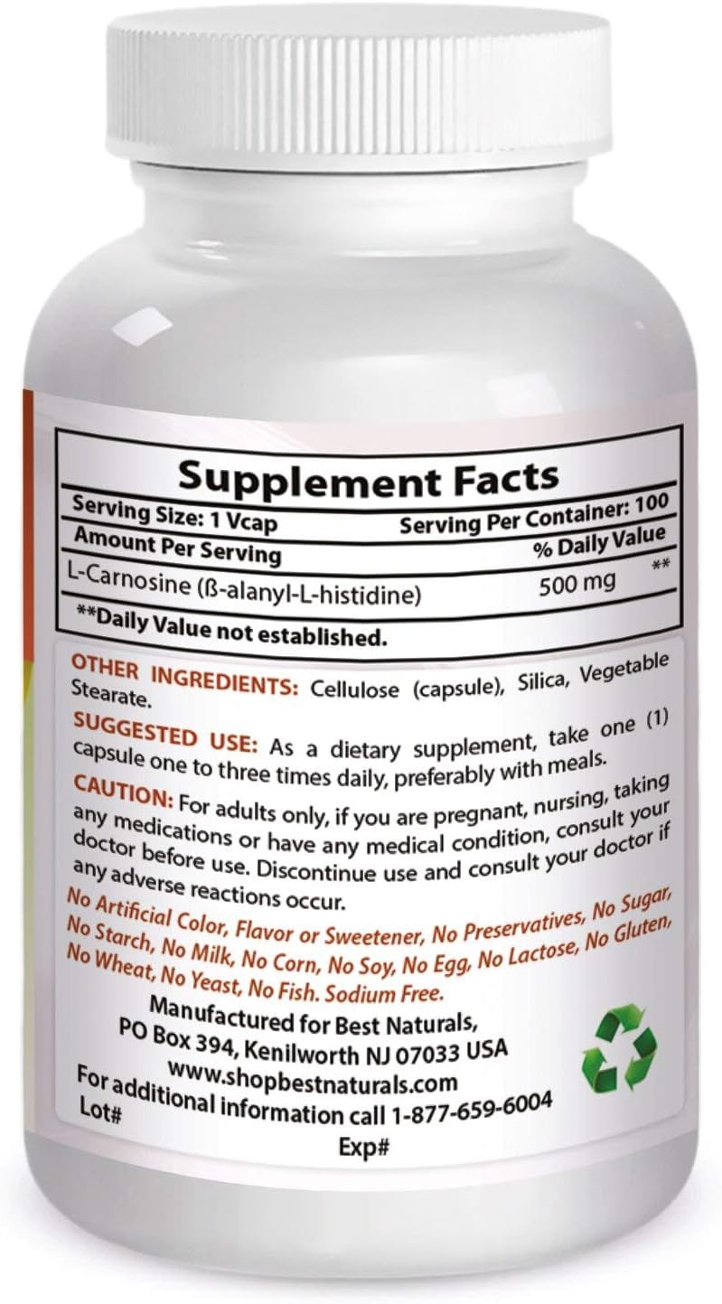 High Quality 500mg L-Carnosine Vcaps - 100 Count (Pack of 1) - Top Natural Supplement for Health