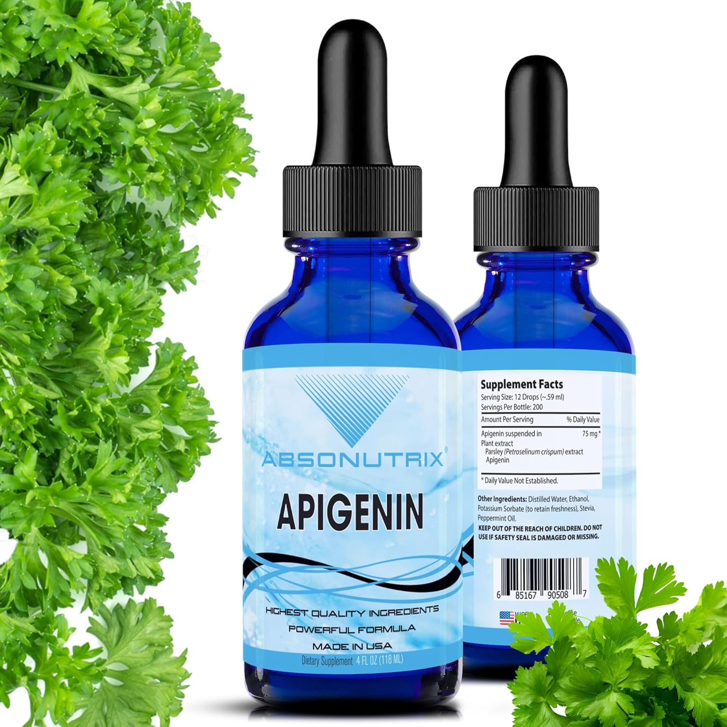 High-Quality Absonutrix Apigenin Drops - 75mg per Serving, 4oz Bottle, 200 Servings - USA Made, Quick Absorption, Non-GMO - GMP Certified, Cruelty-Free