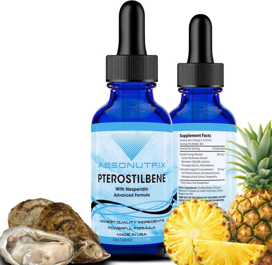 High-Quality Absonutrix Pterostilbene with Hesperidin Liquid Supplement - 390mg, 4 Oz, 300 Servings - Non-GMO, Made in USA - Fast Absorption, Potent Ingredients - GMP Certified, Cruelty-Free