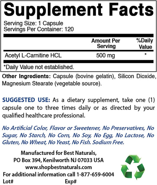 High-Quality Acetyl L-Carnitine and L-Lysine Supplement - 500mg Each for Optimal Health and Wellness