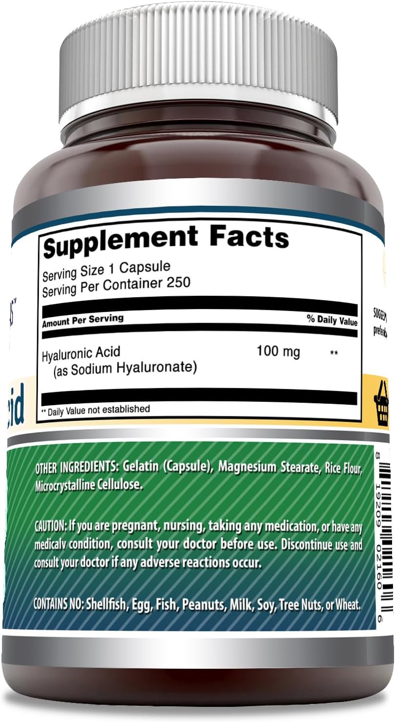 High Quality Amazing Nutrition Amazing Formulas Hyaluronic Acid 100mg - 250 Capsules | Gluten Free & Non GMO | USA Made Supplement
