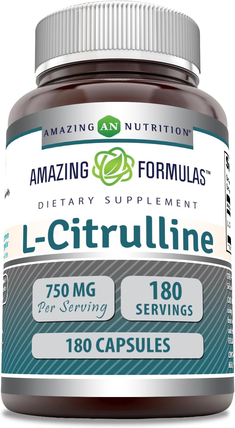 High-Quality Amazing Nutrition L-Citrulline Supplement | 750mg Per Serving | 180 Capsules | Non-GMO & Gluten-Free | USA-Made