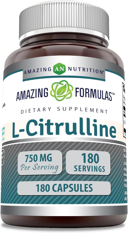 High-Quality Amazing Nutrition L-Citrulline Supplement | 750mg Per Serving | 180 Capsules | Non-GMO & Gluten-Free | USA-Made