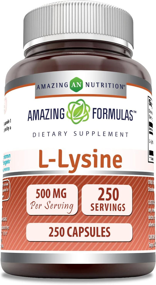 High Quality Amazing Nutrition L-Lysine 500mg Amino Acid Supplement - 250 Capsules - Non-GMO & Gluten Free - USA Made