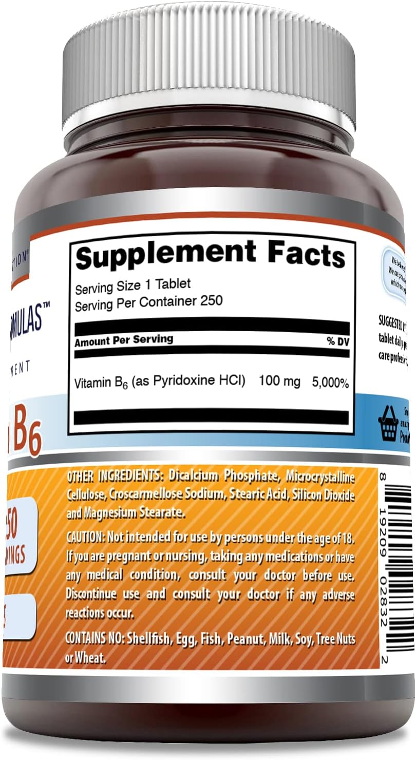 High Quality Amazing Nutrition Vitamin B6 Pyridoxine 100mg Tablets - 250 Count - Non-GMO & Gluten Free - Made in USA
