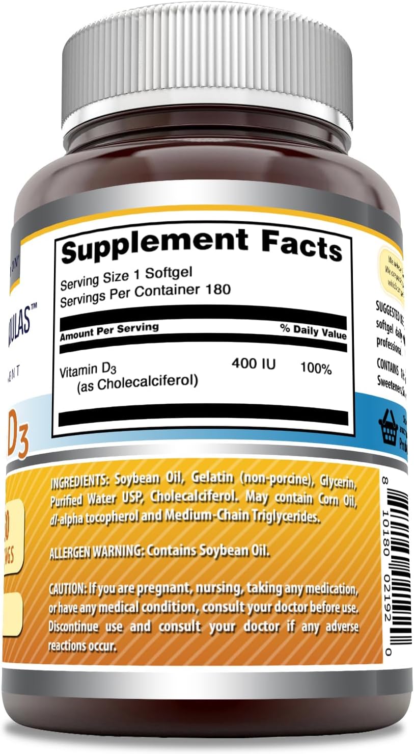 High-Quality Amazing Nutrition Vitamin D3 400 IU Softgels | 180 Count | Non-GMO | Gluten-Free | Made in USA