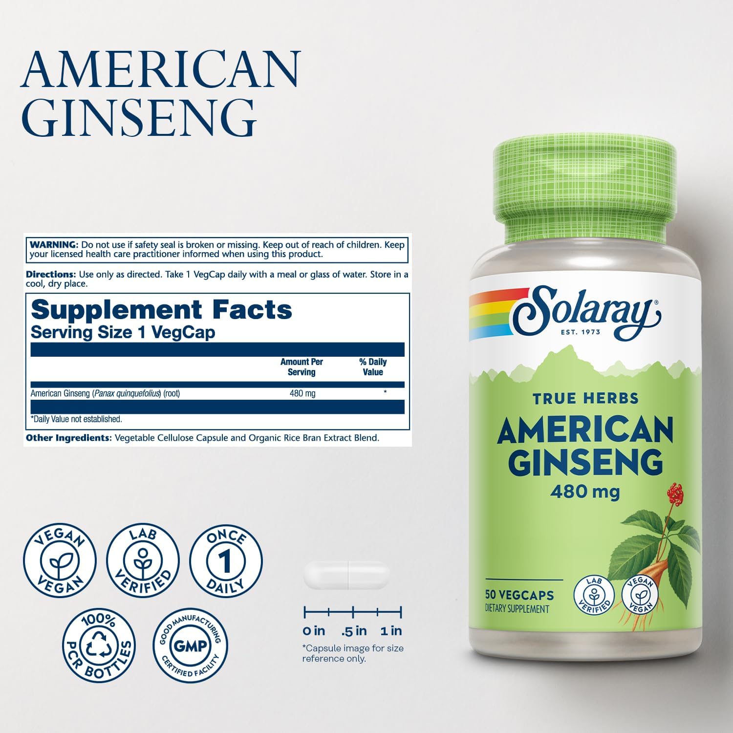 High-Quality American Ginseng Supplement for Stress Relief, Energy, and Endurance - 50 VegCaps by SOLARAY