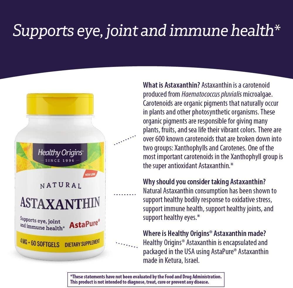 High-Quality Astaxanthin (AstaPure) Softgels - 4 mg, 60 Count - Supports Overall Health and Well-Being