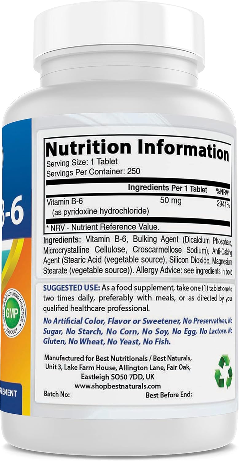 High Quality Best Naturals Vitamin B6 Supplement - 50 mg, 250 Tablets