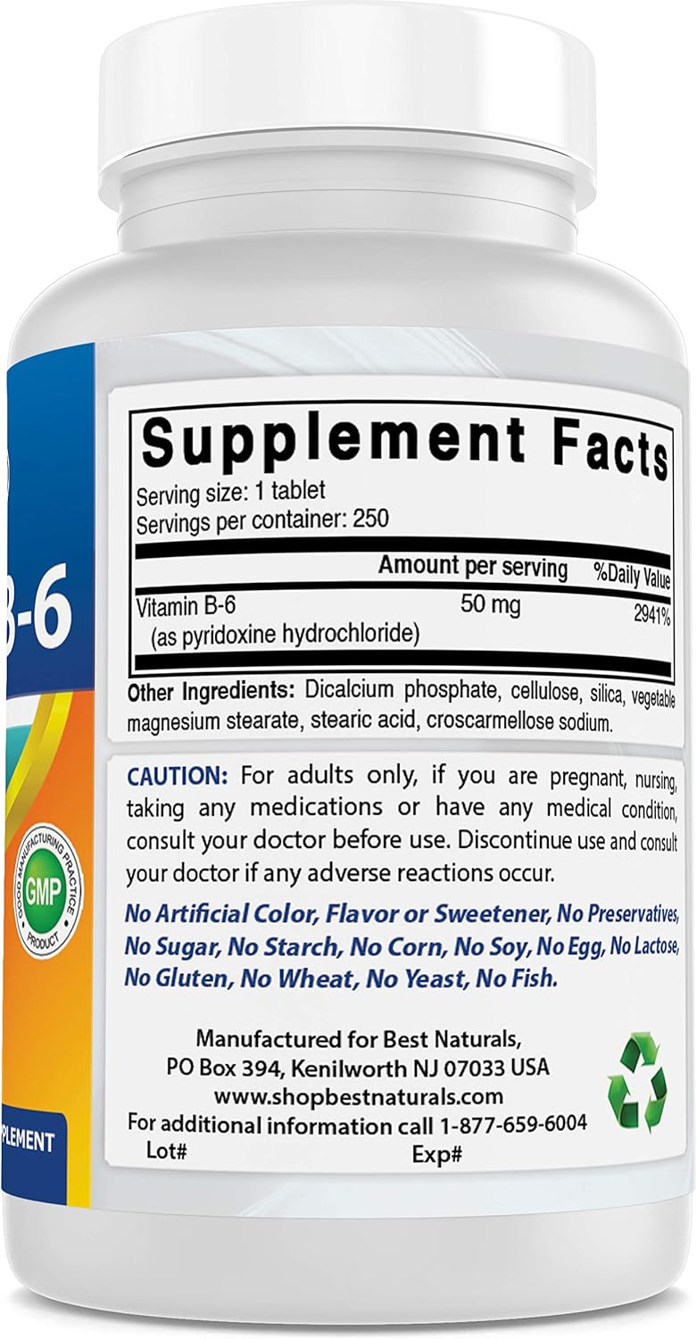 High Quality Best Naturals Vitamin B6 Supplement - 50 mg, 250 Tablets