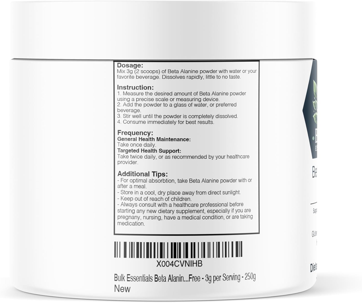 High Quality Beta Alanine Powder for Pre Workout - Gluten Free & Unflavored - 3g per Serving - 250g Bulk Size