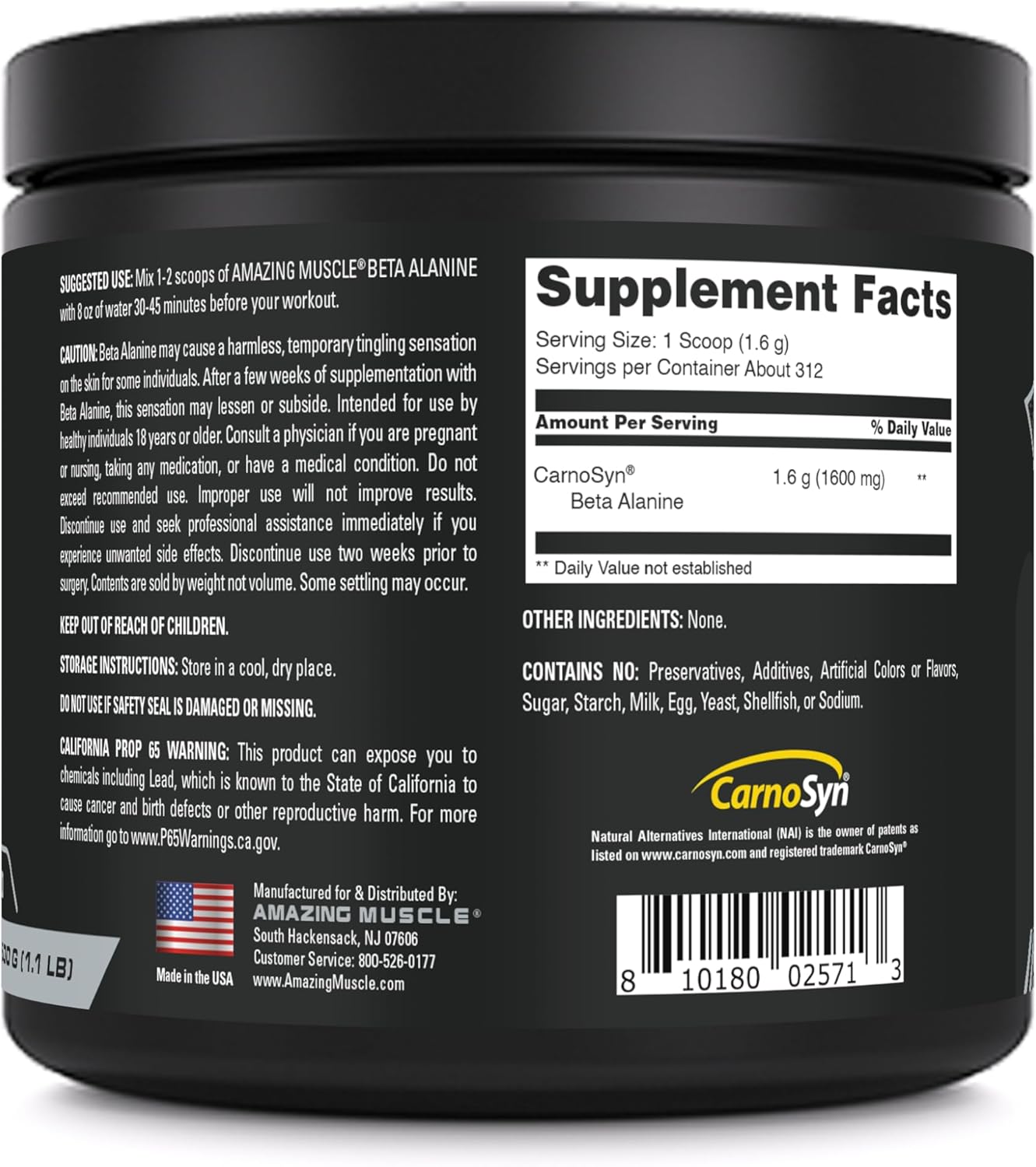 High-Quality Beta-Alanine Powder Supplement | 1600 Mg | Unflavored | 500 G (1.1 LB) | 312 Servings | Non-GMO | Made in USA