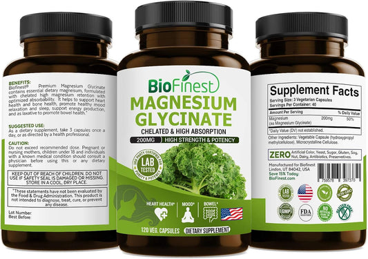 High-Quality BioFinest 200mg Chelated Magnesium Glycinate Supplement for Heart Health, Digestion, Immune Support, Energy, Metabolism, Mood, and Sleep - 120 Capsules, Made in USA