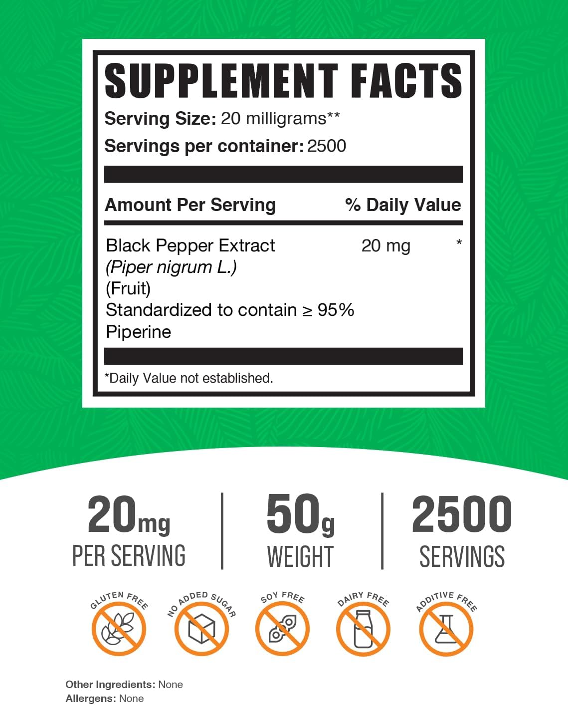 High Quality Black Pepper Extract Powder with 95% Piperine - Piperine Supplements - 20mg per Serving - 50g (1.8 oz) Pack