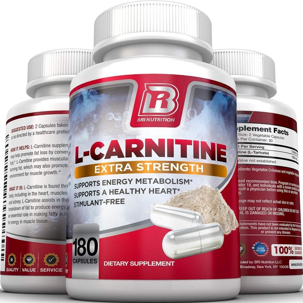 High Quality BRI L-Carnitine 1000mg - Metabolism Booster & Heart Health Support - 180 Veg Capsules