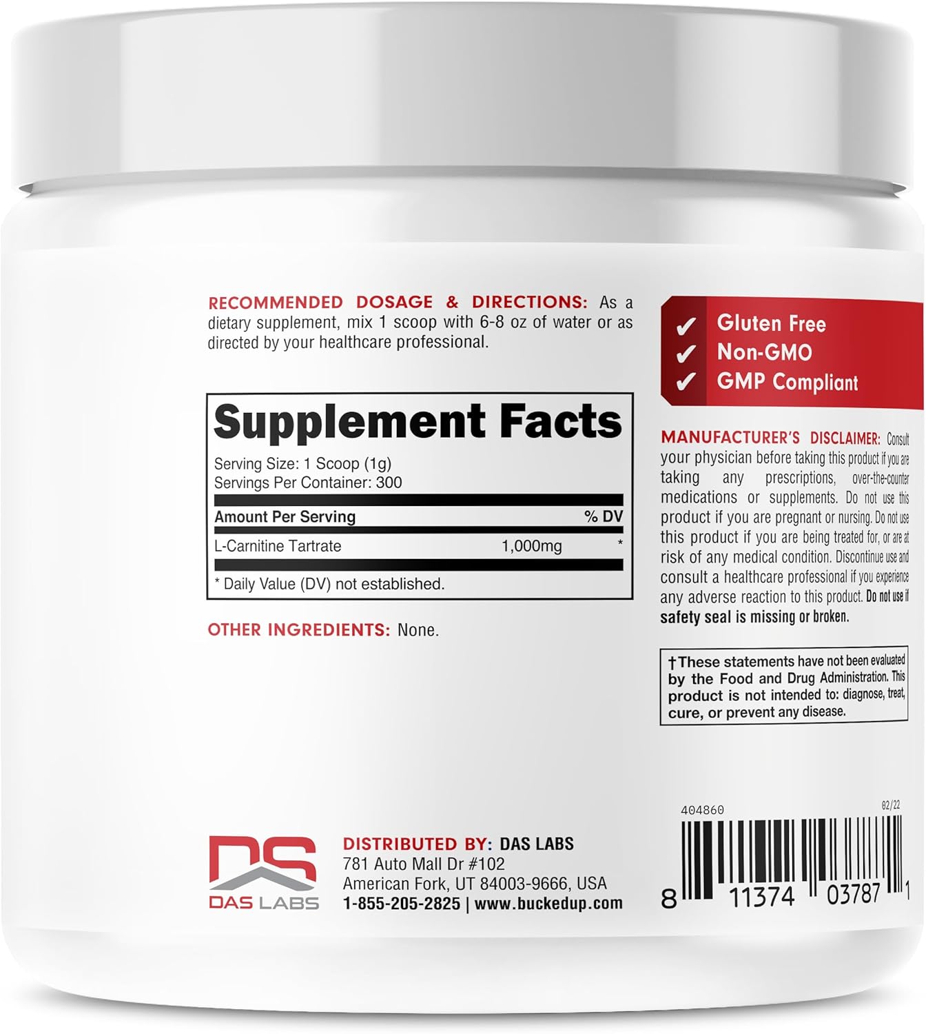 High-Quality Bucked Up L-Carnitine Tartrate Powder - 1000mg, 300 Servings - Essential Supplement for Energy and Slimming Formula