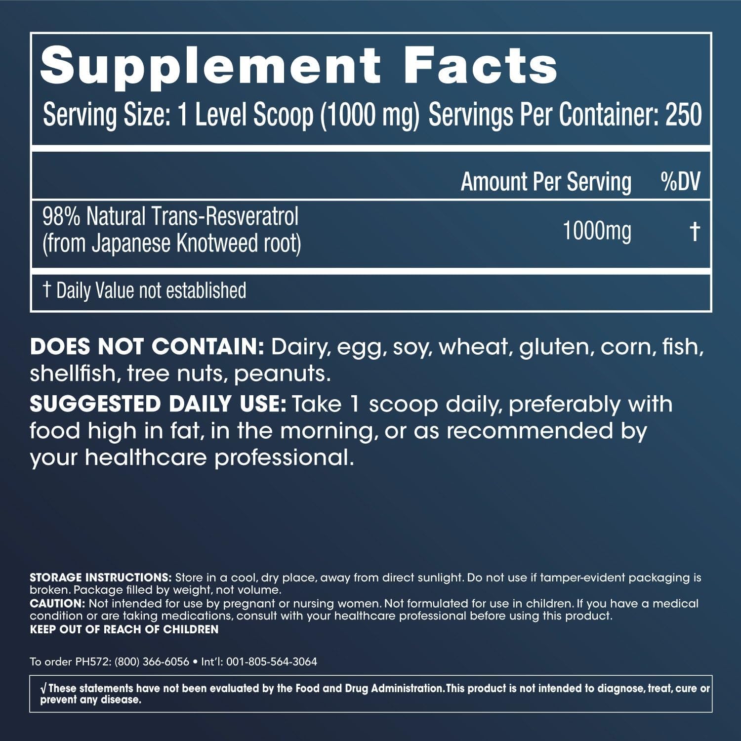 High-Quality Bulk Trans Resveratrol Powder - 250g, 1000mg per Scoop, Pharmaceutical Grade for Longevity & Wellness, Superior Absorption