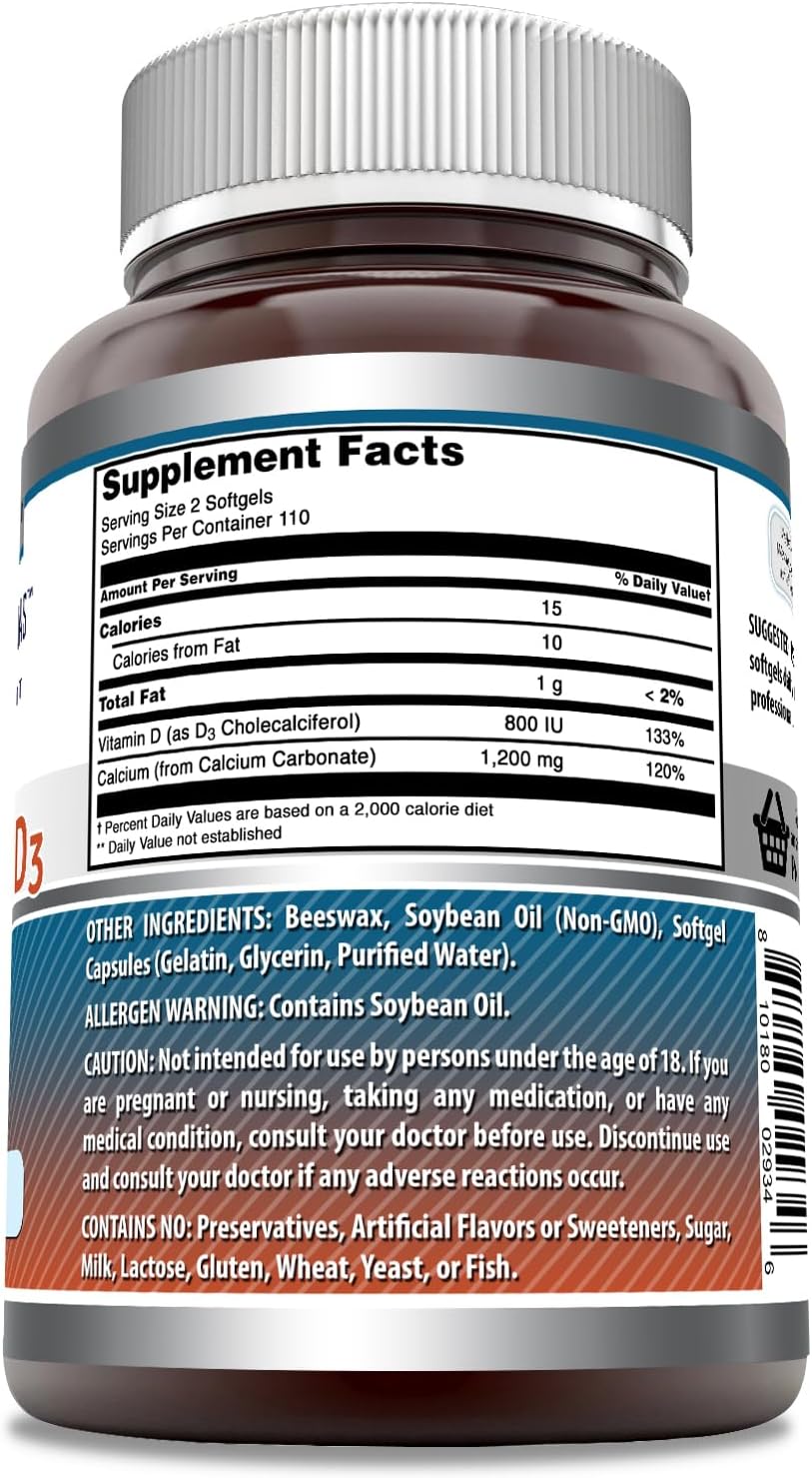 High-Quality Calcium with Vitamin D3 Supplement - 220 Softgels | Non-GMO & Gluten Free - Amazing Nutrition Formula