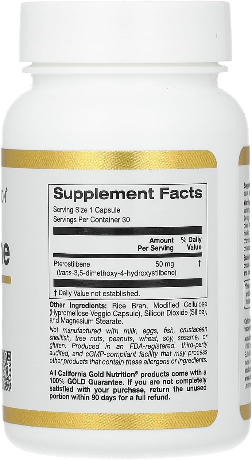 High-Quality California Gold Nutrition Pterostilbene Supplement - 50mg, 30 Capsules