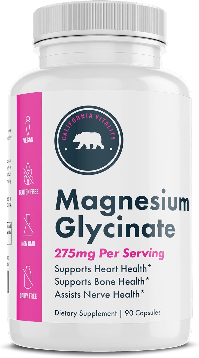 High-Quality California Vitality Magnesium Glycinate Capsules - 275mg, Vegan, Non-GMO, Gluten-Free, Dairy-Free - 90 Count, Made in USA