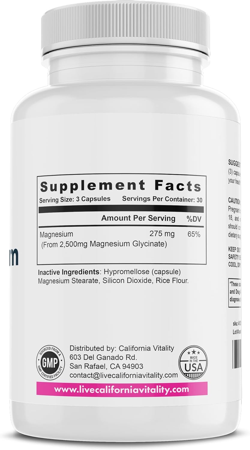 High-Quality California Vitality Magnesium Glycinate Capsules - 275mg, Vegan, Non-GMO, Gluten-Free, Dairy-Free - 90 Count, Made in USA