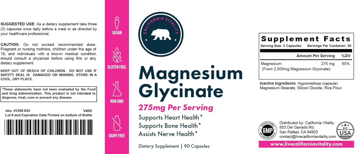 High-Quality California Vitality Magnesium Glycinate Capsules - 275mg, Vegan, Non-GMO, Gluten-Free, Dairy-Free - 90 Count, Made in USA