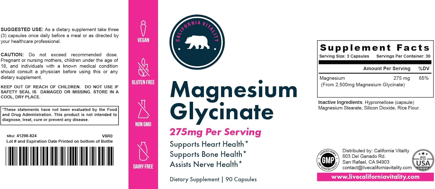 High-Quality California Vitality Magnesium Glycinate Capsules - 275mg, Vegan, Non-GMO, Gluten-Free, Dairy-Free - 90 Count, Made in USA