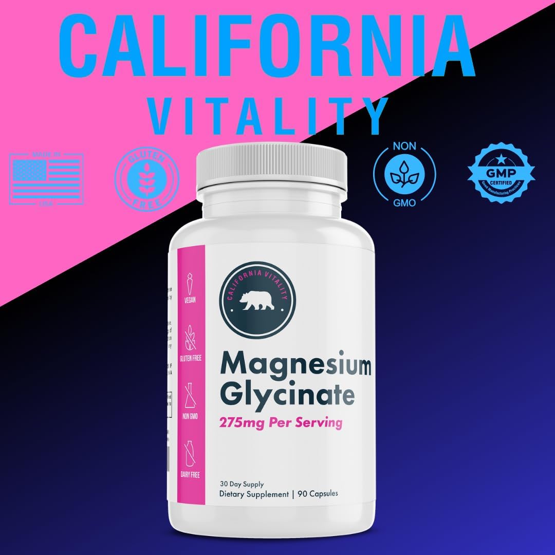 High-Quality California Vitality Magnesium Glycinate Capsules - 275mg, Vegan, Non-GMO, Gluten-Free, Dairy-Free - 90 Count, Made in USA