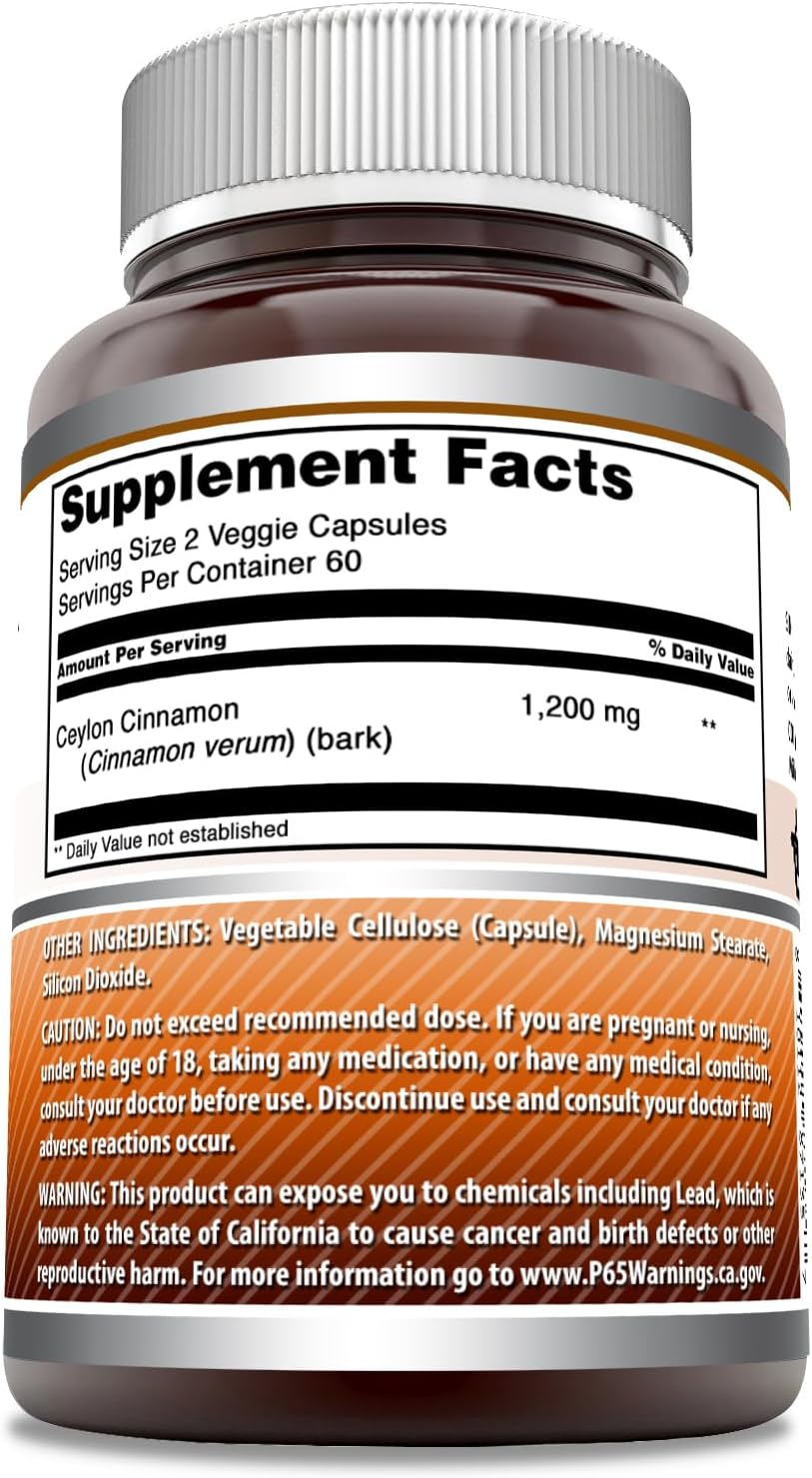 High Quality Ceylon Cinnamon 1200mg Veggie Capsules | Non-GMO & Gluten Free | Made in USA | 120 Count