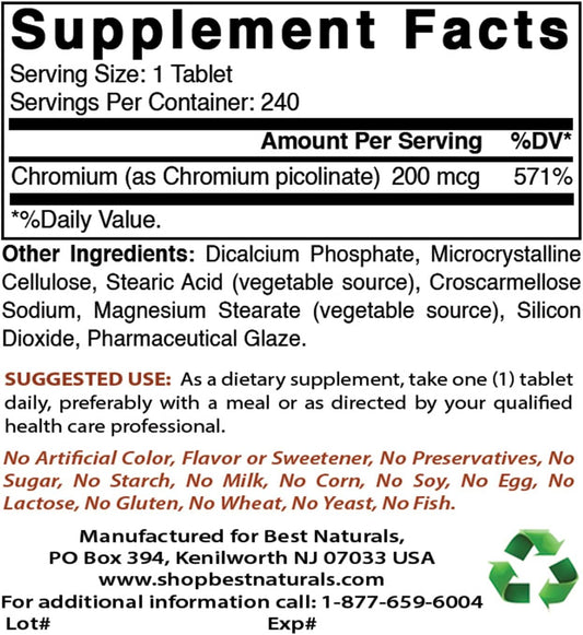 High-Quality Chromium Picolinate 200 mcg with Vitamin C 1000 mg Supplement for Optimal Health