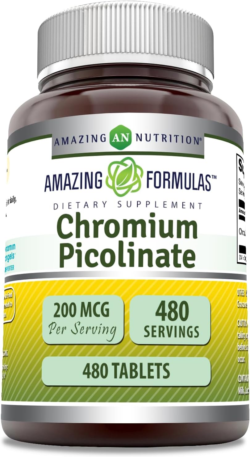 High Quality Chromium Picolinate Supplement - 200 Mcg Per Serving - 480 Tablets - Non-GMO & Gluten Free - Made in USA by Amazing Nutrition