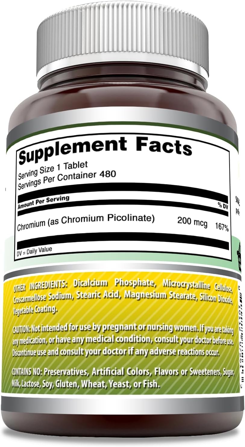 High Quality Chromium Picolinate Supplement - 200 Mcg Per Serving - 480 Tablets - Non-GMO & Gluten Free - Made in USA by Amazing Nutrition