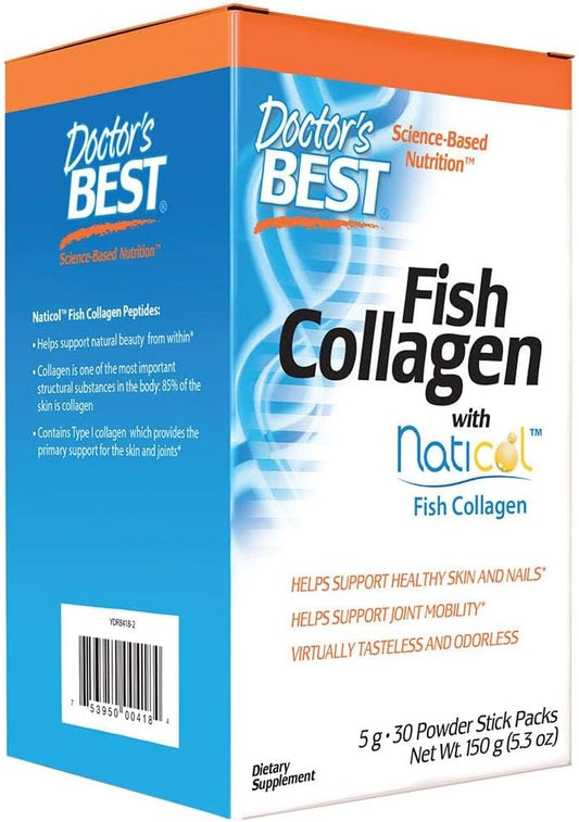 High-Quality Doctor's Best Naticol Fish Collagen Powder Sticks for Skin, Nails, and Joints - 30 Pack