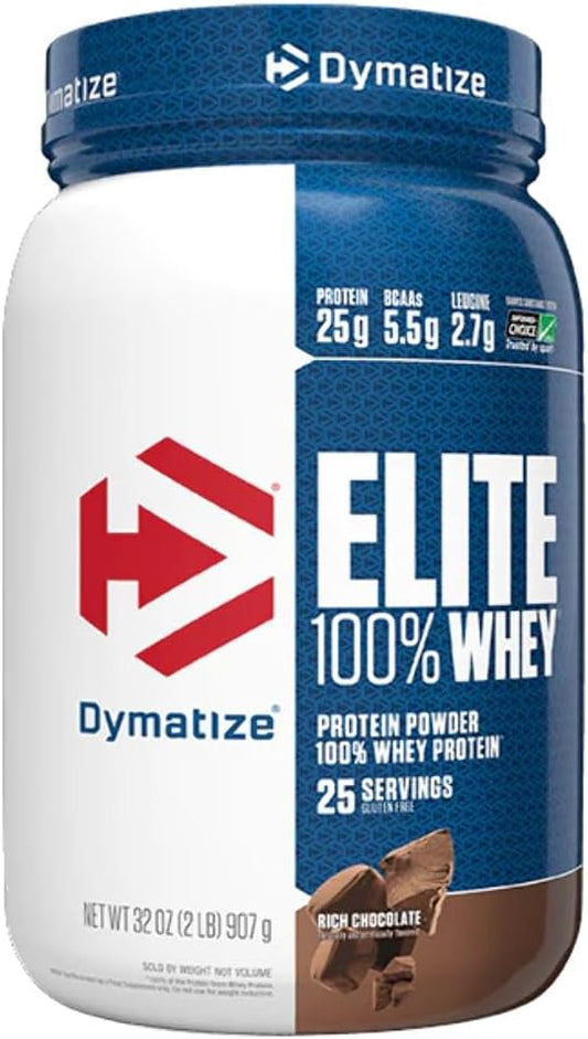 High-Quality Dymatize Elite Whey Protein Powder - Rich Chocolate Flavor, 25g Protein, 5.5g BCAAs, 2.7g L-Leucine - Fast Absorbing for Muscle Recovery - 25 Servings, 2lb