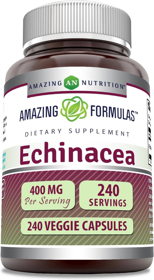 High-Quality Echinacea Supplement | 400 Mg per Serving | 240 Veggie Capsules | Non-GMO & Gluten-Free | Made in USA by Amazing Nutrition