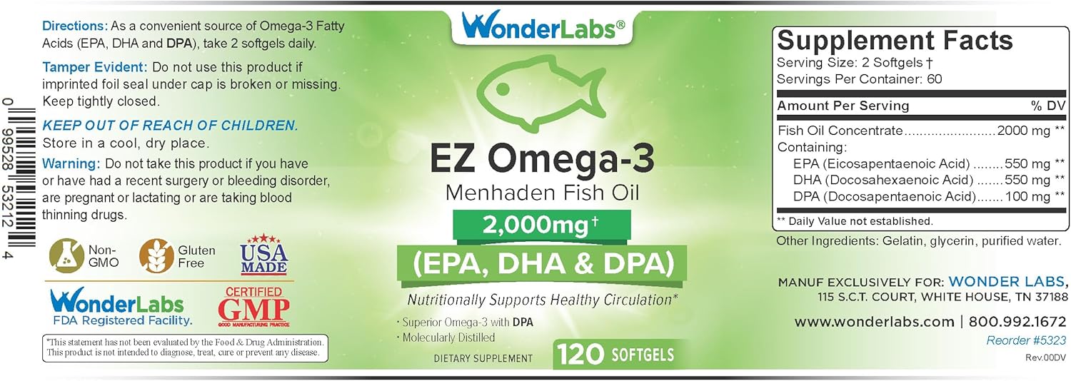 High-Quality EZ Omega-3 Menhaden Fish Oil Supplement 2000mg - Burpless, Made in USA - 120 Softgels - Rich in EPA, DHA, DPA - Wonder Laboratories