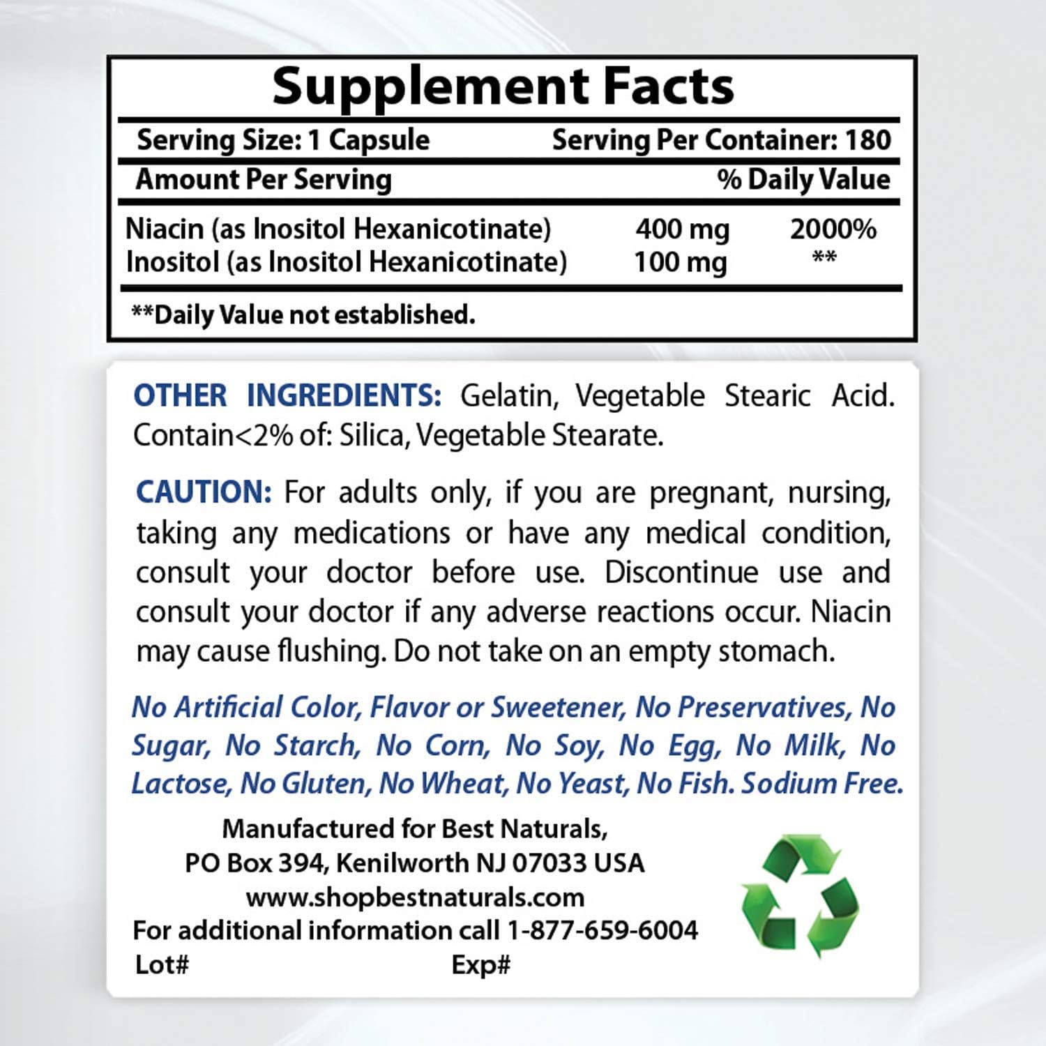 High-Quality Flush-Free Niacin Inositol Hexanicotinate 500mg - 180 Capsules