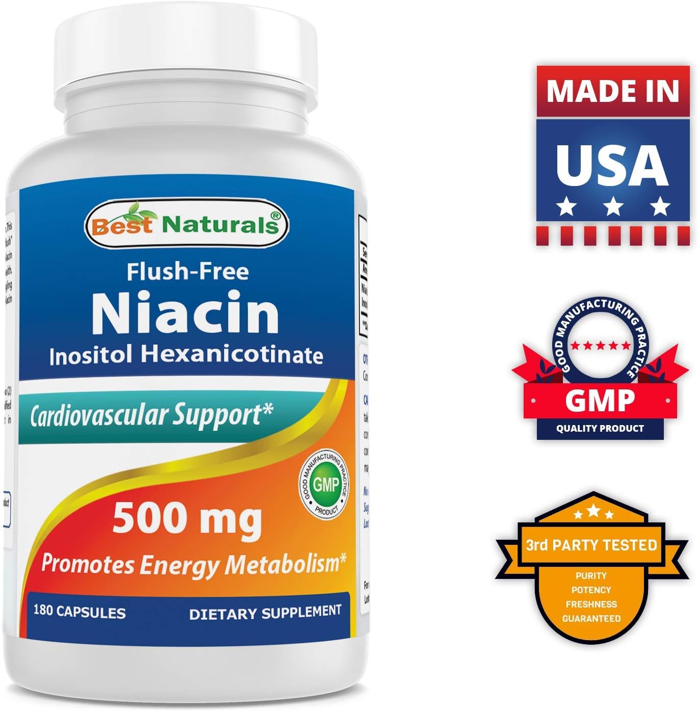High-Quality Flush-Free Niacin Inositol Hexanicotinate 500mg - 180 Capsules